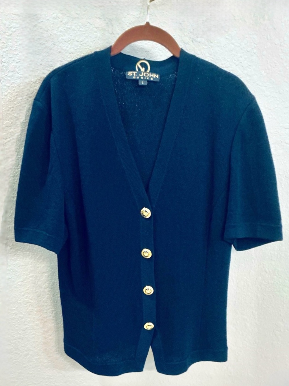 ST. JOHN Basics Vintage Navy Short Sleeve Knit V-neck Button Cardigan Top, Sz L